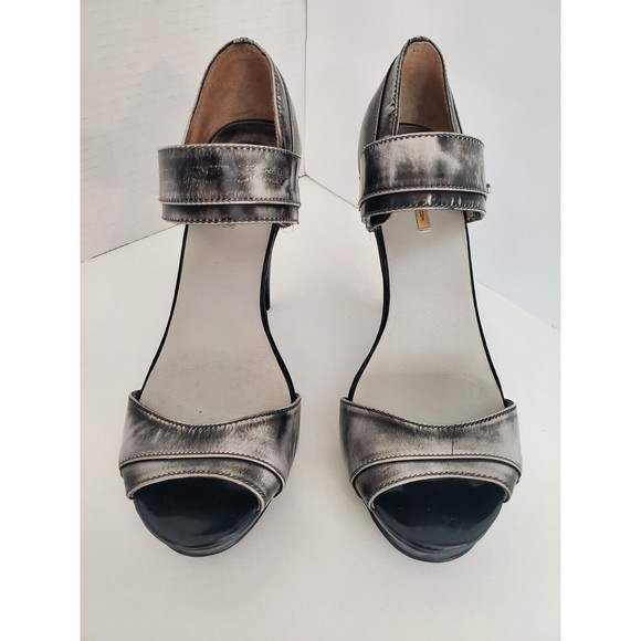 Max Studio Leather Ankle Strap Heels Gray Distressed Denim look Peekaboo toe 6.5 - Picture 2 of 10